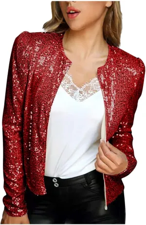 2024 Sequin Jackets Women Evening Party Glitter Tops Front Zip Long Sleeve Jackets Fashion Sparkly Bomber Clothes