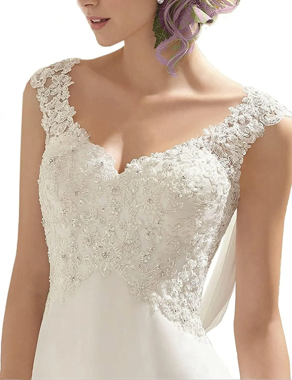 Abaowedding Women's Wedding Dress Lace Double V-Neck Sleeveless Evening Dress
