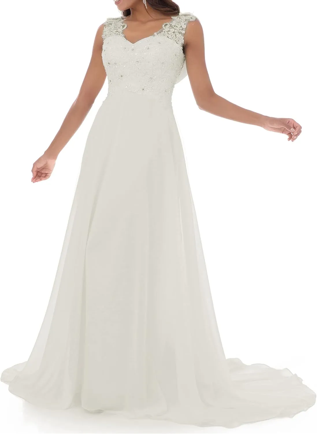 Abaowedding Women's Wedding Dress Lace Double V-Neck Sleeveless Evening Dress