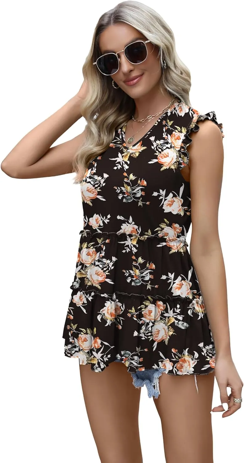 AGSEEM Womens Babydoll Tank Tops V Neck Ruffle Sleeve Pleated Peplum Shirts Summer