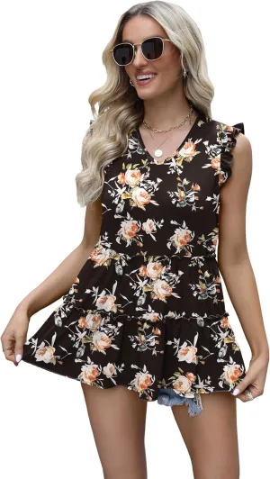 AGSEEM Womens Babydoll Tank Tops V Neck Ruffle Sleeve Pleated Peplum Shirts Summer