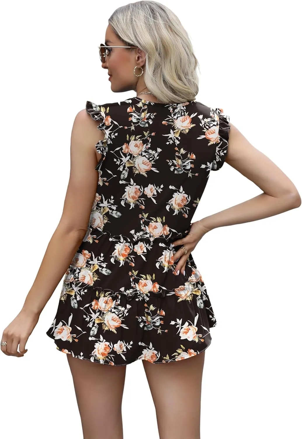 AGSEEM Womens Babydoll Tank Tops V Neck Ruffle Sleeve Pleated Peplum Shirts Summer