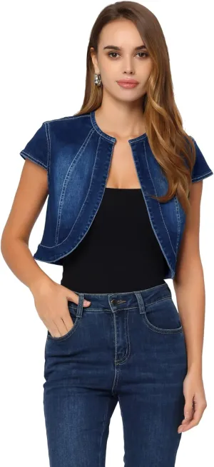 Allegra K Women's Denim Jacket Short Sleeve Jean Jacket Slim Fit Summer Outfits Casual Cropped Jacket
