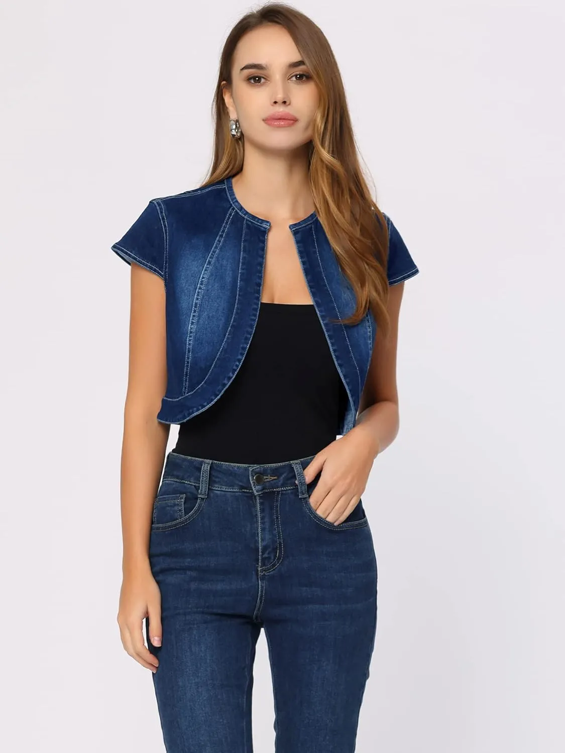 Allegra K Women's Denim Jacket Short Sleeve Jean Jacket Slim Fit Summer Outfits Casual Cropped Jacket