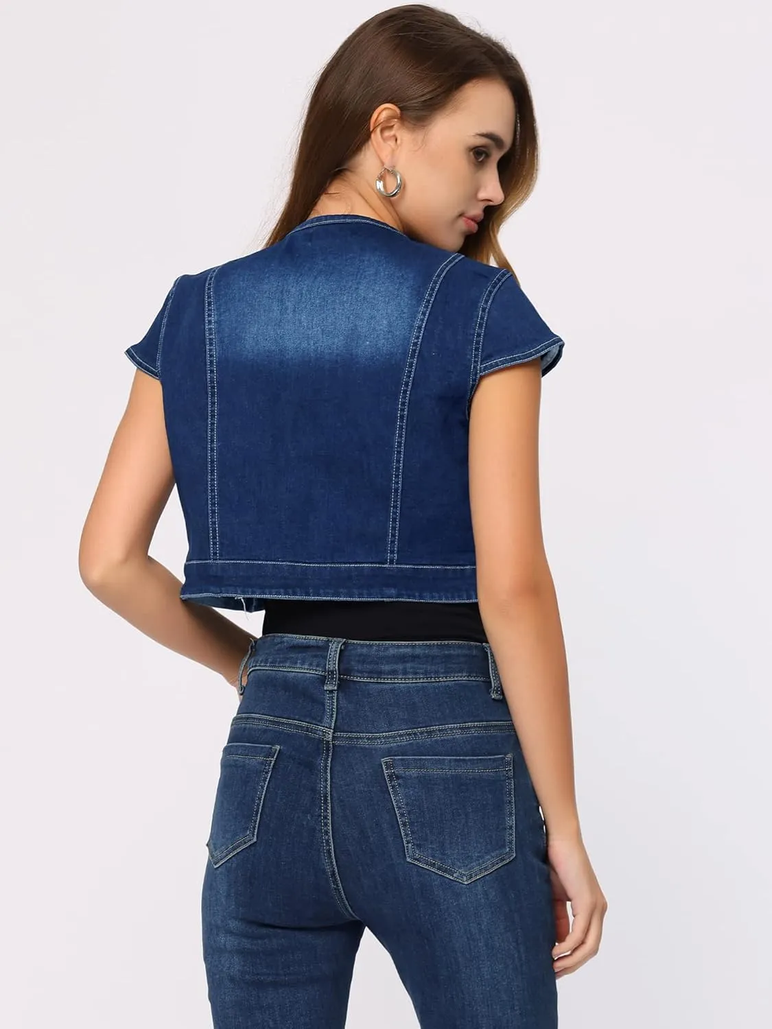 Allegra K Women's Denim Jacket Short Sleeve Jean Jacket Slim Fit Summer Outfits Casual Cropped Jacket