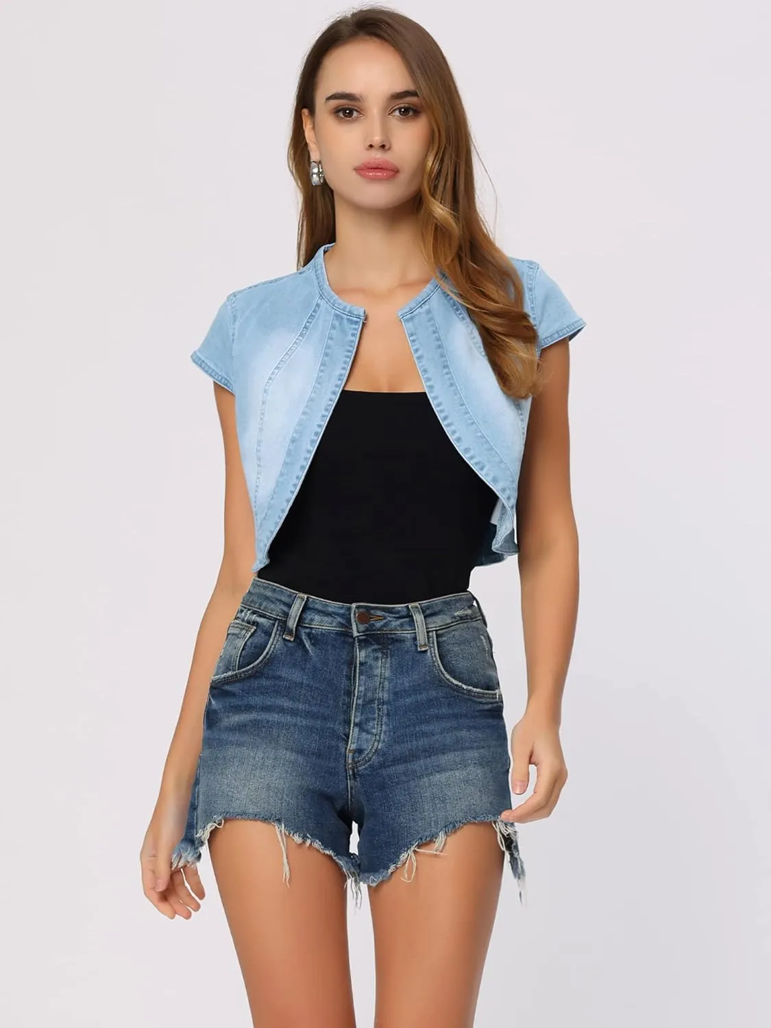 Allegra K Women's Denim Jacket Short Sleeve Jean Jacket Slim Fit Summer Outfits Casual Cropped Jacket