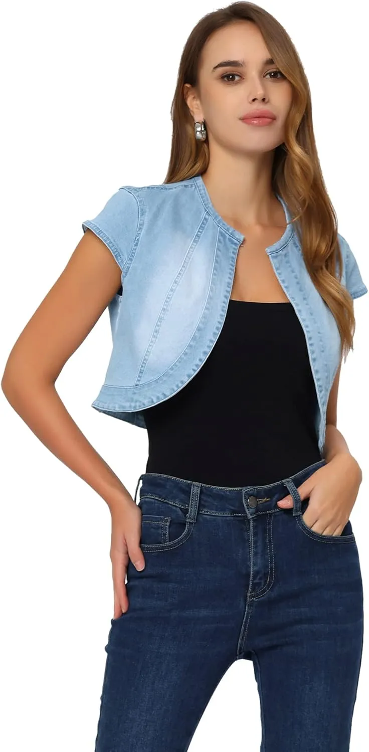 Allegra K Women's Denim Jacket Short Sleeve Jean Jacket Slim Fit Summer Outfits Casual Cropped Jacket