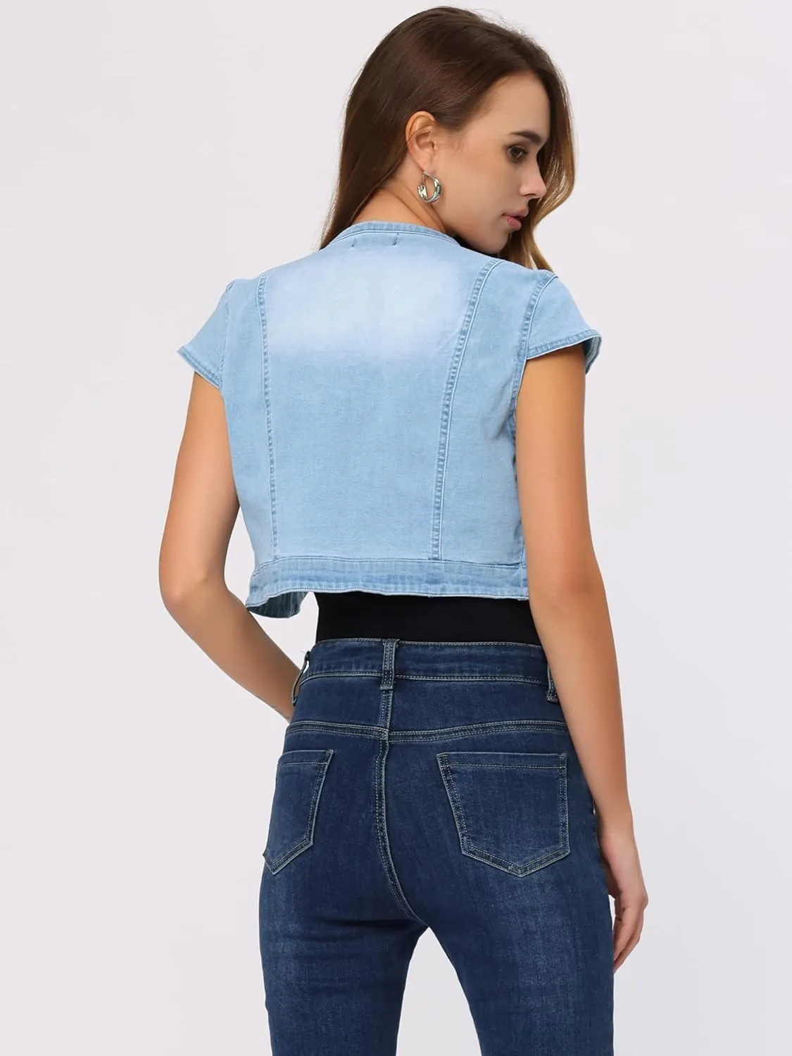 Allegra K Women's Denim Jacket Short Sleeve Jean Jacket Slim Fit Summer Outfits Casual Cropped Jacket