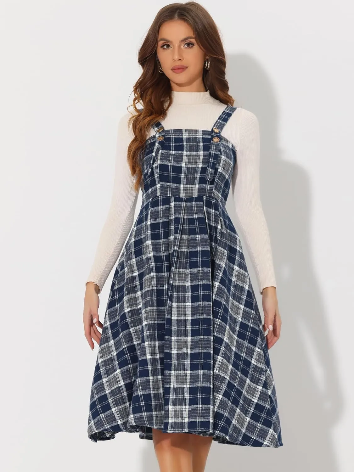 Allegra K Women's Plaid Overalls Vintage Sleeveless A-Line Overall Pinafore Dress Suspender Skirt