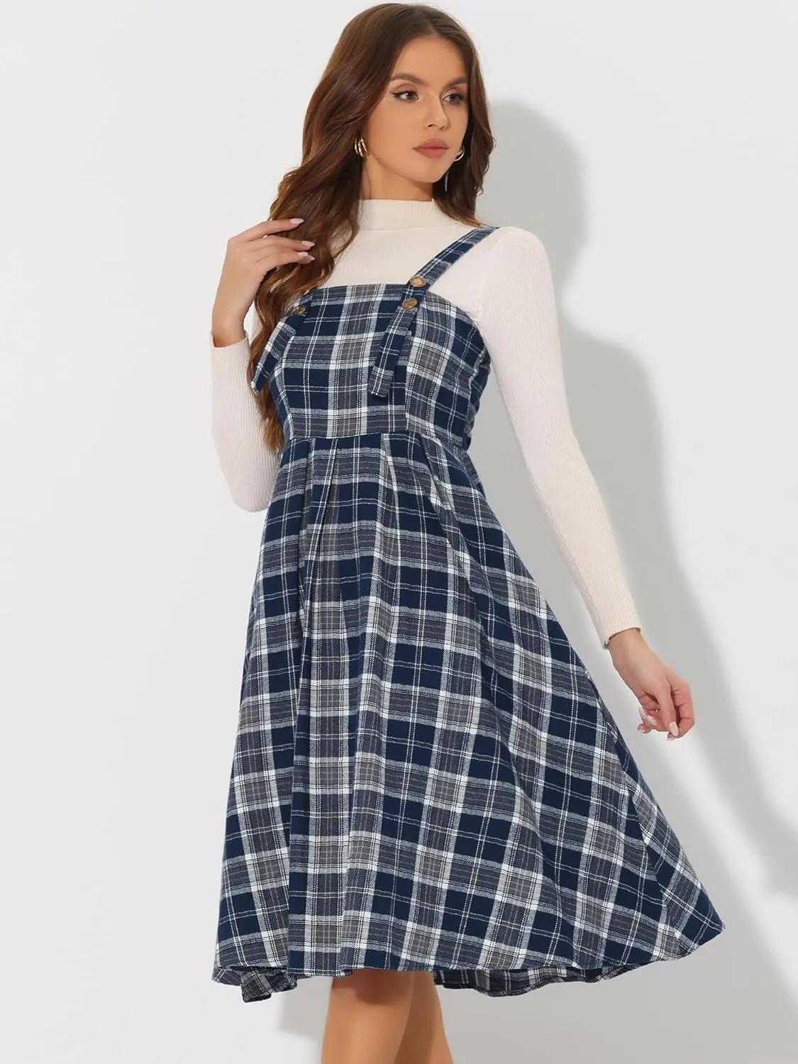 Allegra K Women's Plaid Overalls Vintage Sleeveless A-Line Overall Pinafore Dress Suspender Skirt