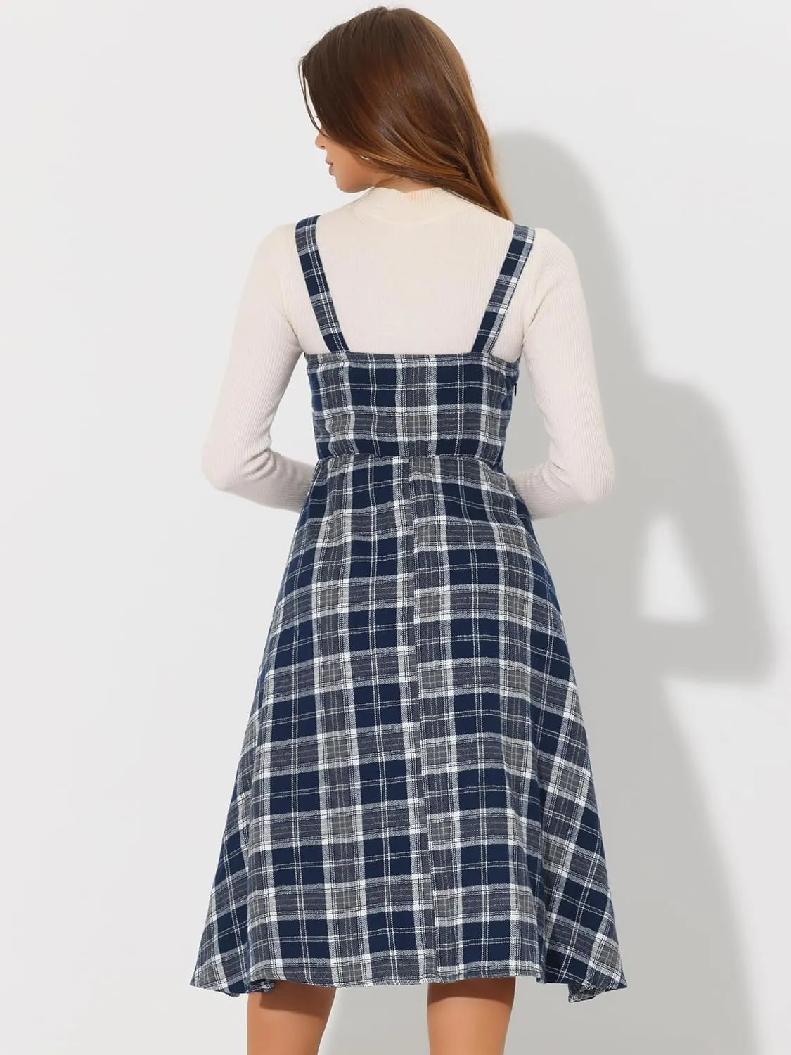 Allegra K Women's Plaid Overalls Vintage Sleeveless A-Line Overall Pinafore Dress Suspender Skirt