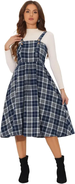 Allegra K Women's Plaid Overalls Vintage Sleeveless A-Line Overall Pinafore Dress Suspender Skirt