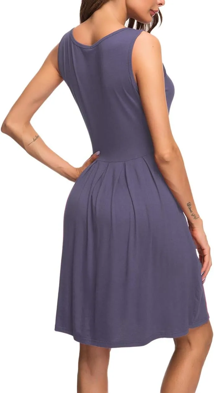 AUSELILY Women's Sleeveless Dresses for Women 2025 Pleated Loose Swing Knee Length Dress with Pockets