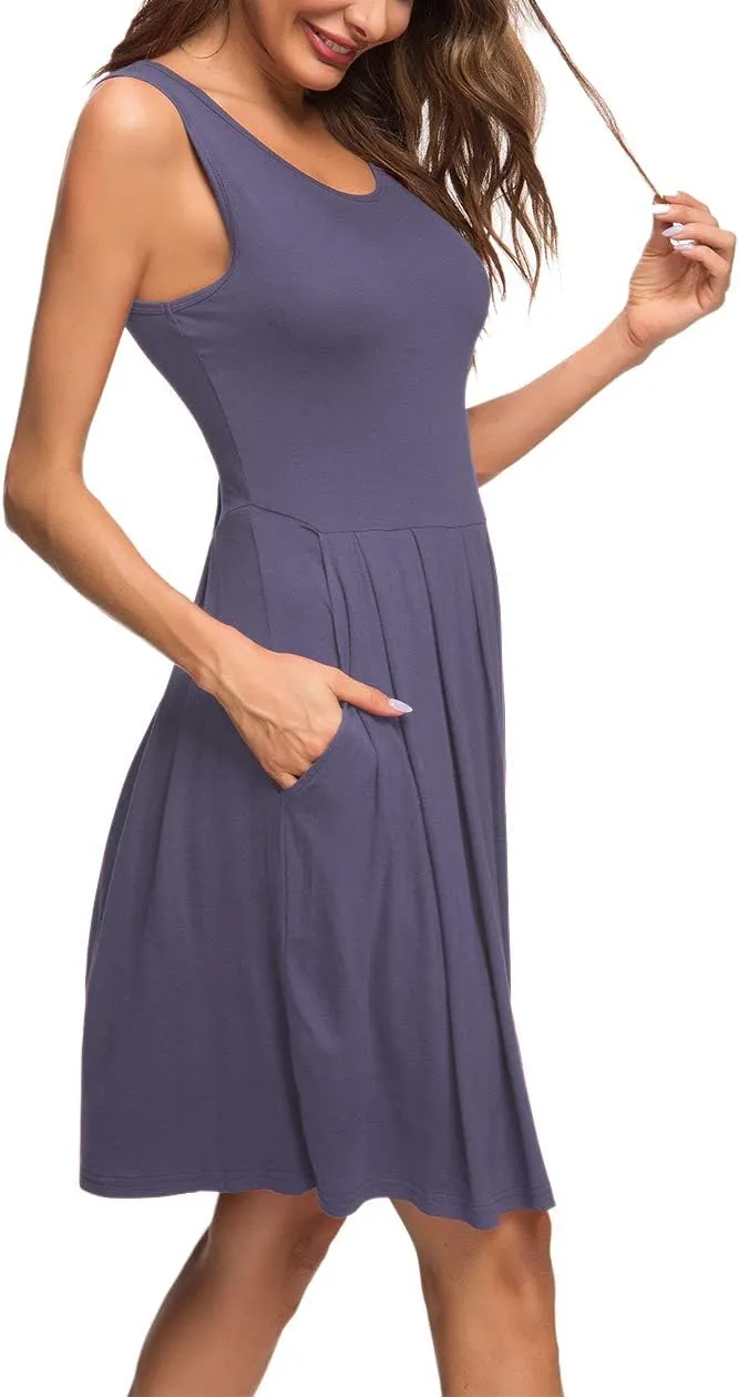 AUSELILY Women's Sleeveless Dresses for Women 2025 Pleated Loose Swing Knee Length Dress with Pockets