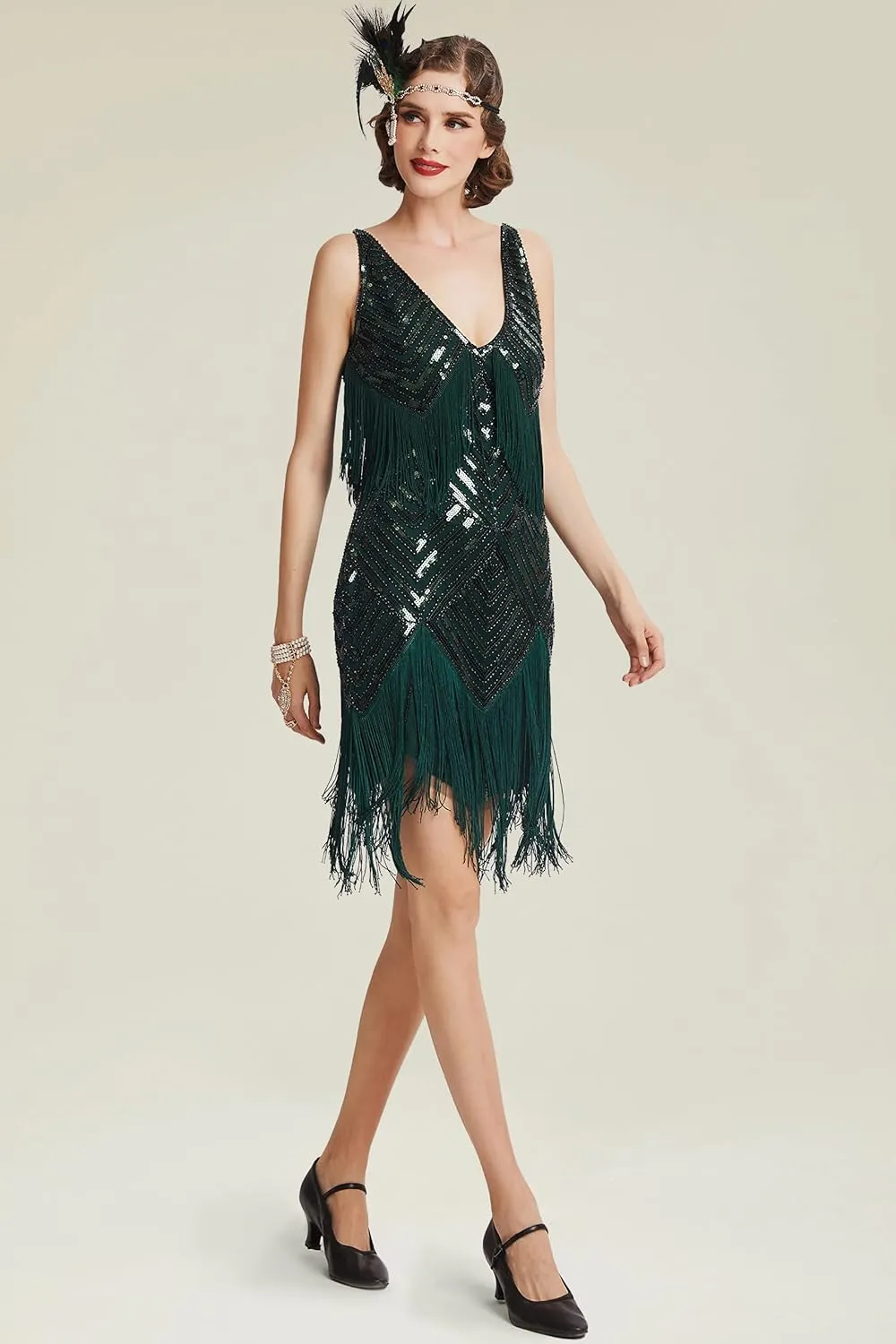 BABEYOND Women's 1920s Flapper Dress V Neck Slip Dress Roaring 20s Great Gatsby Dress for Party