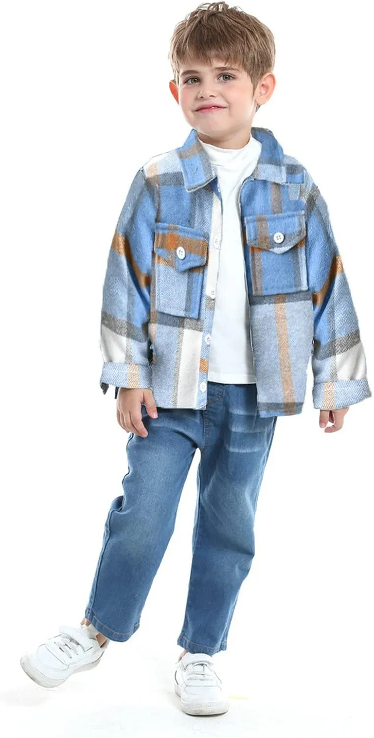 Baby Boys Kids Long Sleeve Button Down Plaid Shirts Fall Winter Flannel Shacket Jackets Tartan Tops