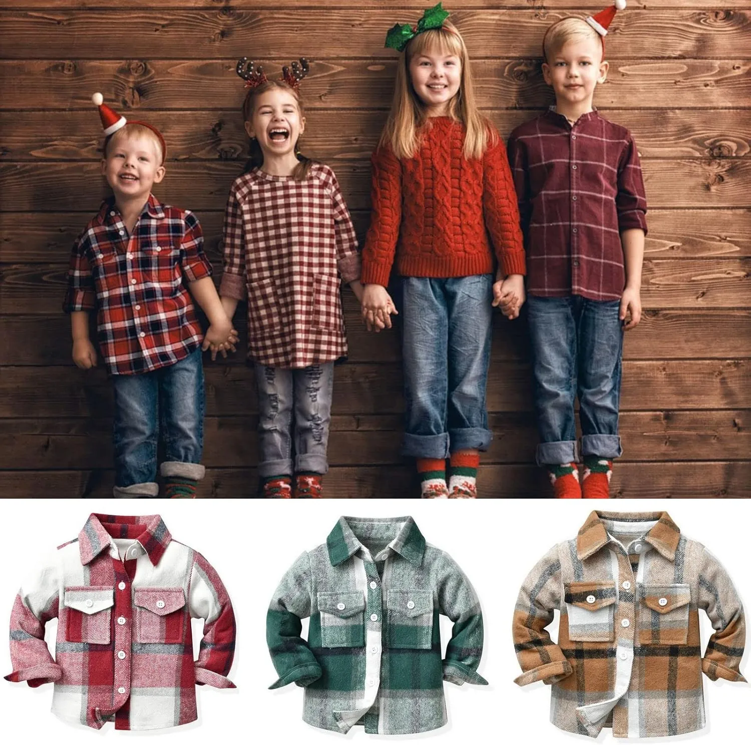 Baby Boys Kids Long Sleeve Button Down Plaid Shirts Fall Winter Flannel Shacket Jackets Tartan Tops