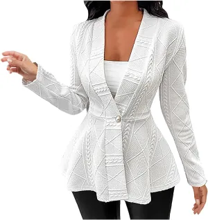 Blazer for Women Fashion Textured Ruffle Hem Blazer Long Sleeve V-Neck Single Button Shawl Collar Outerwear