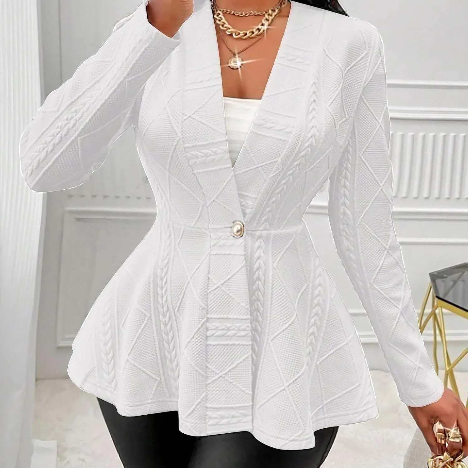 Blazer for Women Fashion Textured Ruffle Hem Blazer Long Sleeve V-Neck Single Button Shawl Collar Outerwear