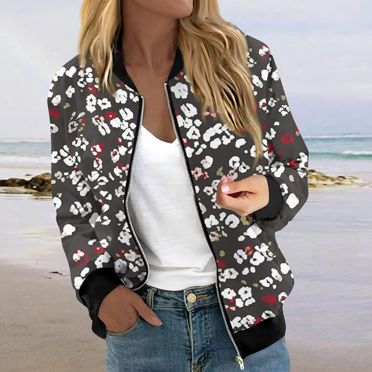 Bomber Jacket Gifts for Women Fashion Floral Pattern Coat Lightweight Zip Up Outwears Fall Winter Heated Jacket