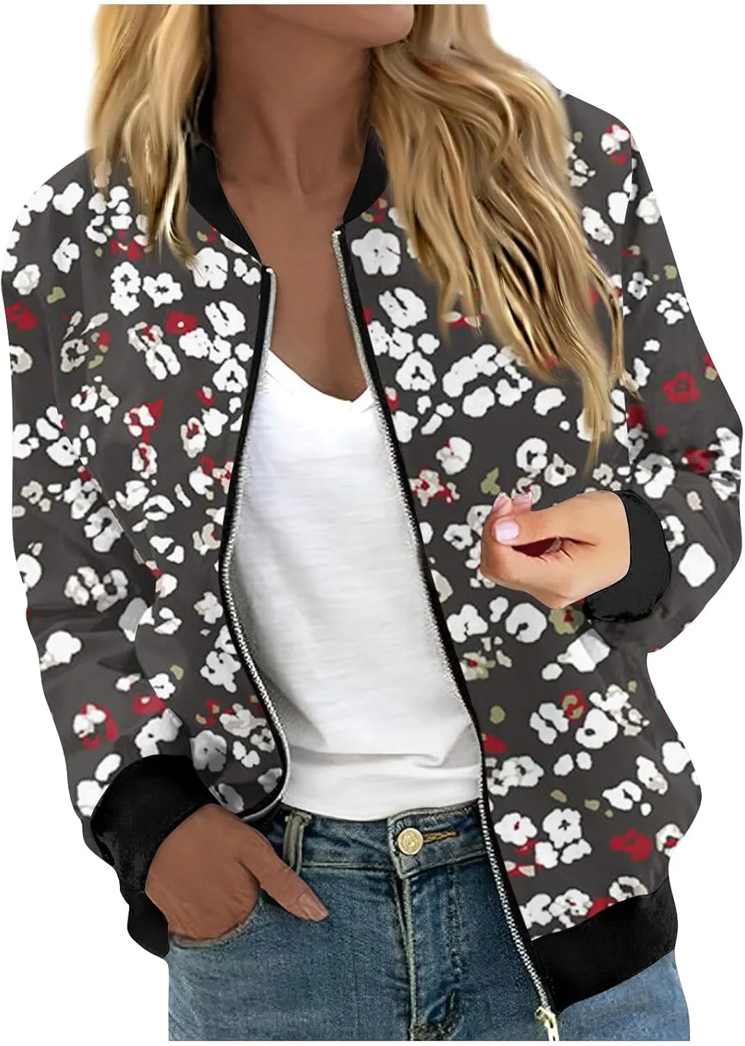 Bomber Jacket Gifts for Women Fashion Floral Pattern Coat Lightweight Zip Up Outwears Fall Winter Heated Jacket