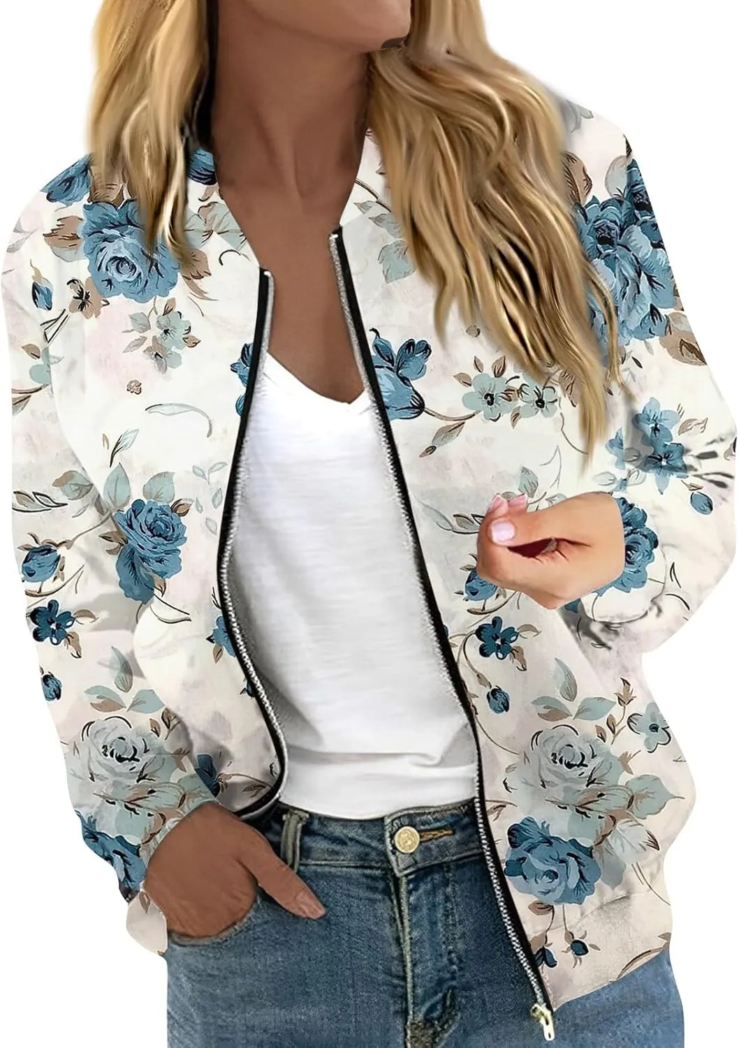 Bomber Jacket Women 2024 Casual Floral Lightweight Oversized Windbreaker Trendy Zip Up Coat Outwear with Pockets