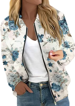 Bomber Jacket Women 2024 Casual Floral Lightweight Oversized Windbreaker Trendy Zip Up Coat Outwear with Pockets