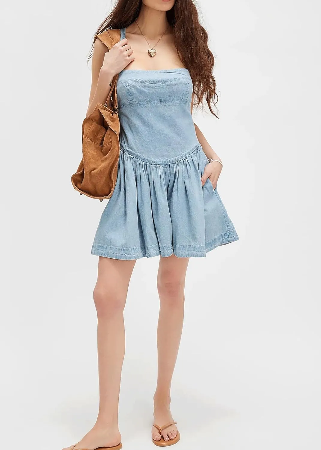 CHARTOU Women Halter Backless Short Denim Dress Sleeveless Pleated Lace Up Corset Drop Waist Jean Dress