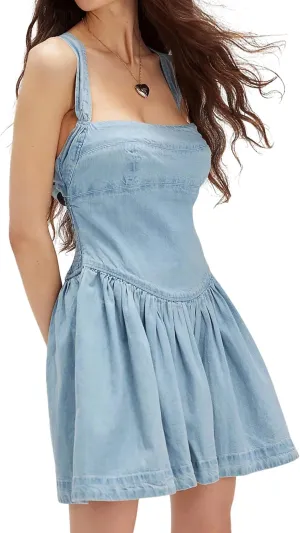 CHARTOU Women Halter Backless Short Denim Dress Sleeveless Pleated Lace Up Corset Drop Waist Jean Dress