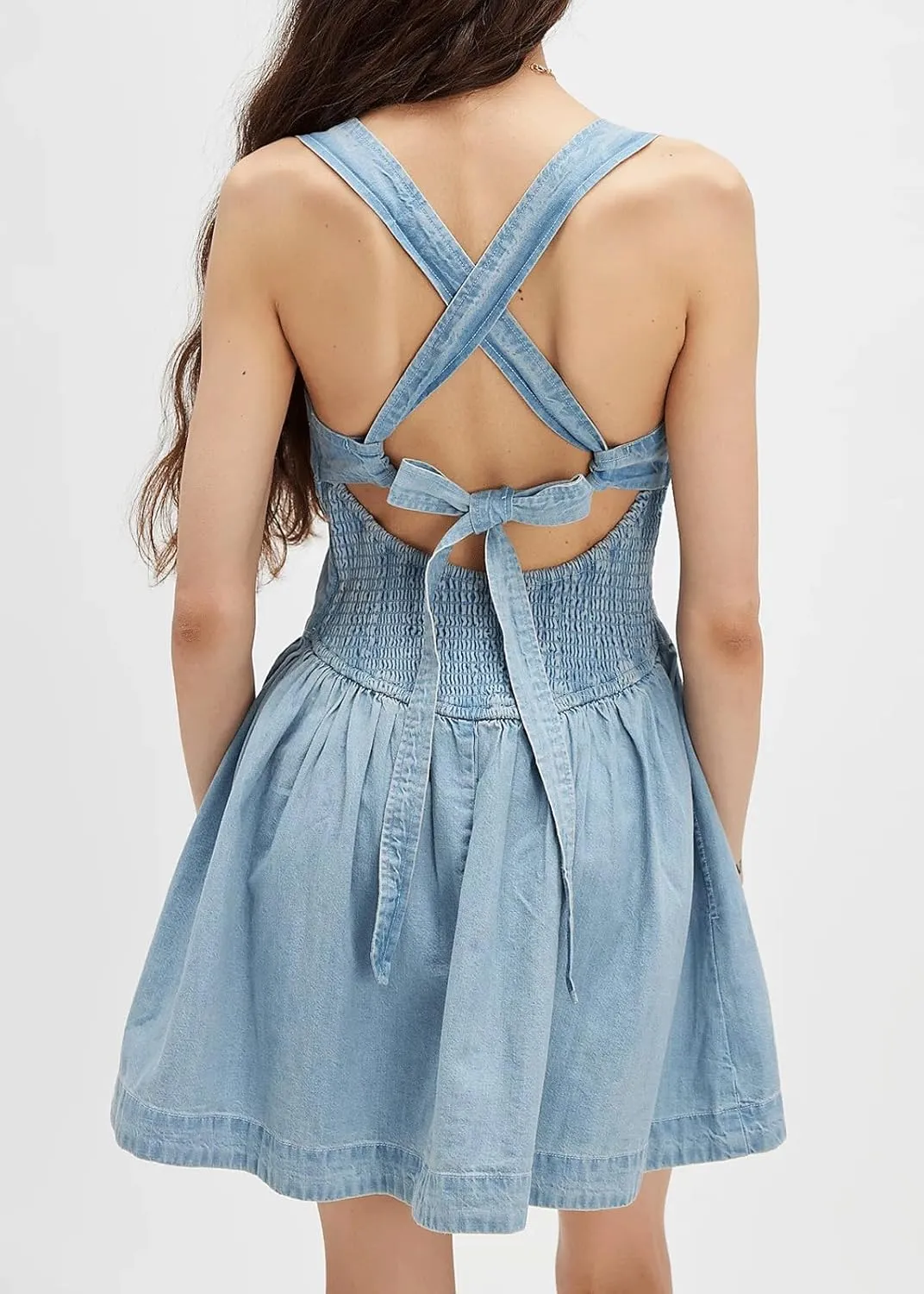 CHARTOU Women Halter Backless Short Denim Dress Sleeveless Pleated Lace Up Corset Drop Waist Jean Dress