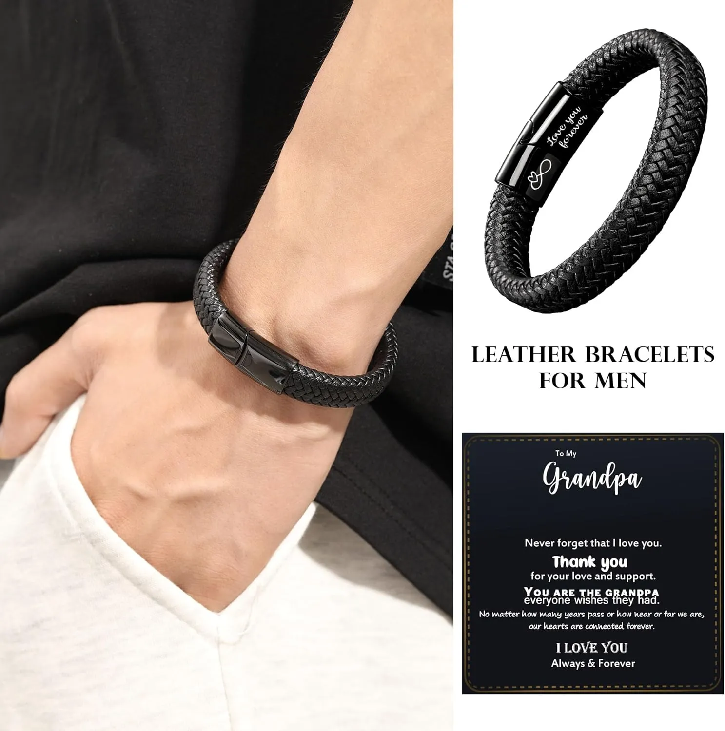 Dad Gifts for Fathers Day Mens Leather Bracelet I Love You Gifts for Him Men Bracelet Anniversary Birthday Gift for Dad 2025 Graduation Gift for Him Husband Boyfriend Son Godson Infinity Jewelry
