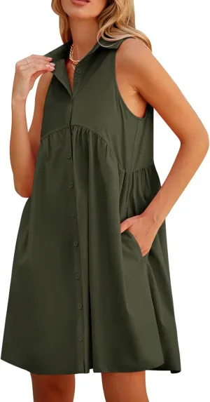 DEEP SELF Women Summer Collared Shirt Dress Casual Loose Button Down Short Dress V Neck Tunic Mini Dress with Pockets