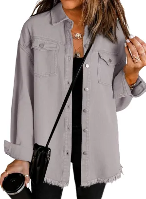 Dokotoo Women's Oversized Denim Jacket Casual Long Sleeve Denim Shirts Distresse Jean Jacket 2025 Spring Outfits