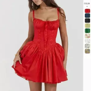 Elegant Chic Women Suspender Mini Skater Dress Summer Fashion Lace-up Slim Waist Pleated Short Dresses For Evening Party Cocktail Occasions