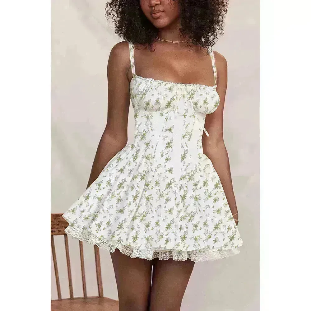 Elegant Chic Women Suspender Mini Skater Dress Summer Fashion Lace-up Slim Waist Pleated Short Dresses For Evening Party Cocktail Occasions