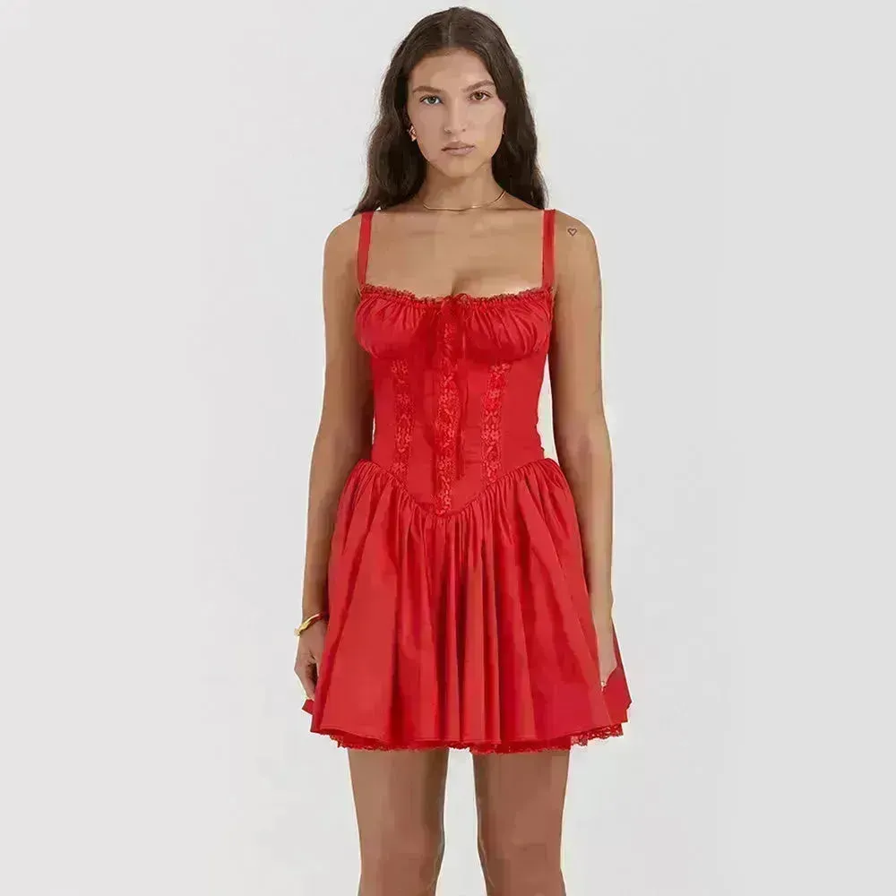 Elegant Chic Women Suspender Mini Skater Dress Summer Fashion Lace-up Slim Waist Pleated Short Dresses For Evening Party Cocktail Occasions