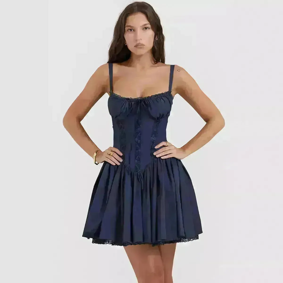 Elegant Chic Women Suspender Mini Skater Dress Summer Fashion Lace-up Slim Waist Pleated Short Dresses For Evening Party Cocktail Occasions