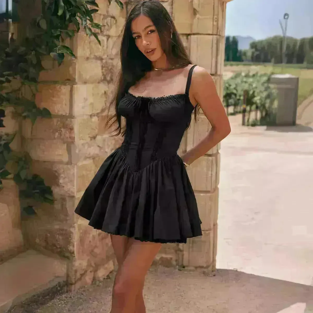 Elegant Chic Women Suspender Mini Skater Dress Summer Fashion Lace-up Slim Waist Pleated Short Dresses For Evening Party Cocktail Occasions