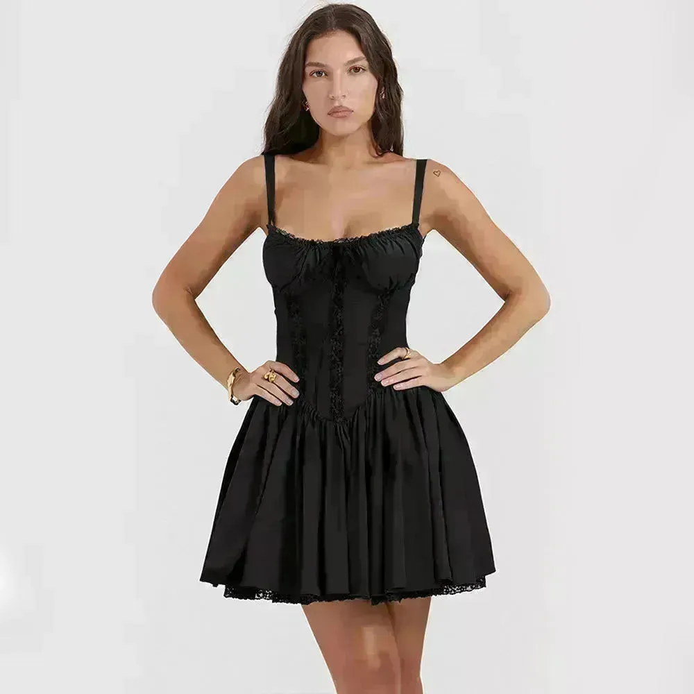 Elegant Chic Women Suspender Mini Skater Dress Summer Fashion Lace-up Slim Waist Pleated Short Dresses For Evening Party Cocktail Occasions