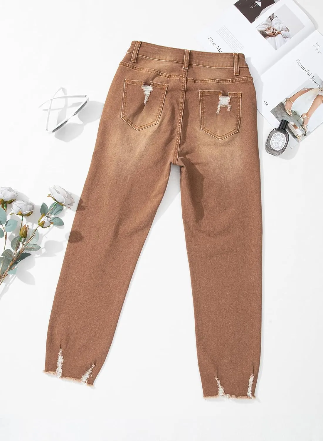 EVALESS Womens Jeans High Waisted Stretchy Ripped Distressed Tummy Control Straight Ankle Jean for Women Trendy 2025