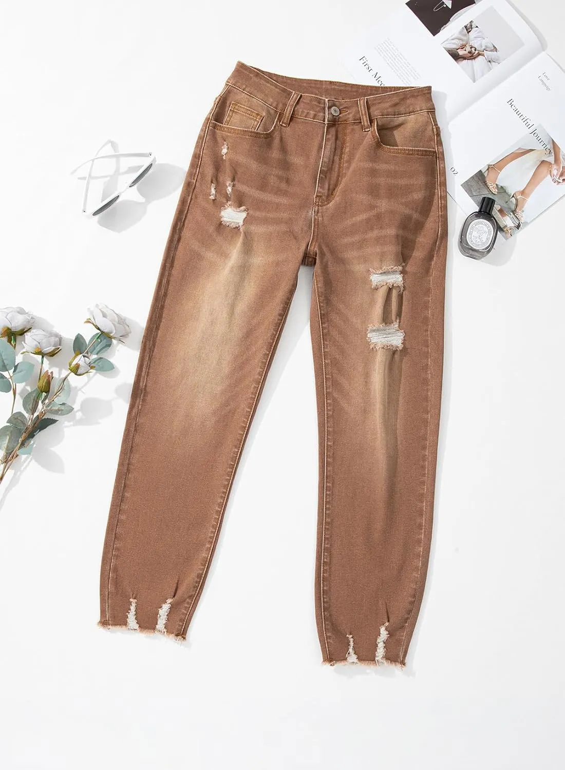 EVALESS Womens Jeans High Waisted Stretchy Ripped Distressed Tummy Control Straight Ankle Jean for Women Trendy 2025