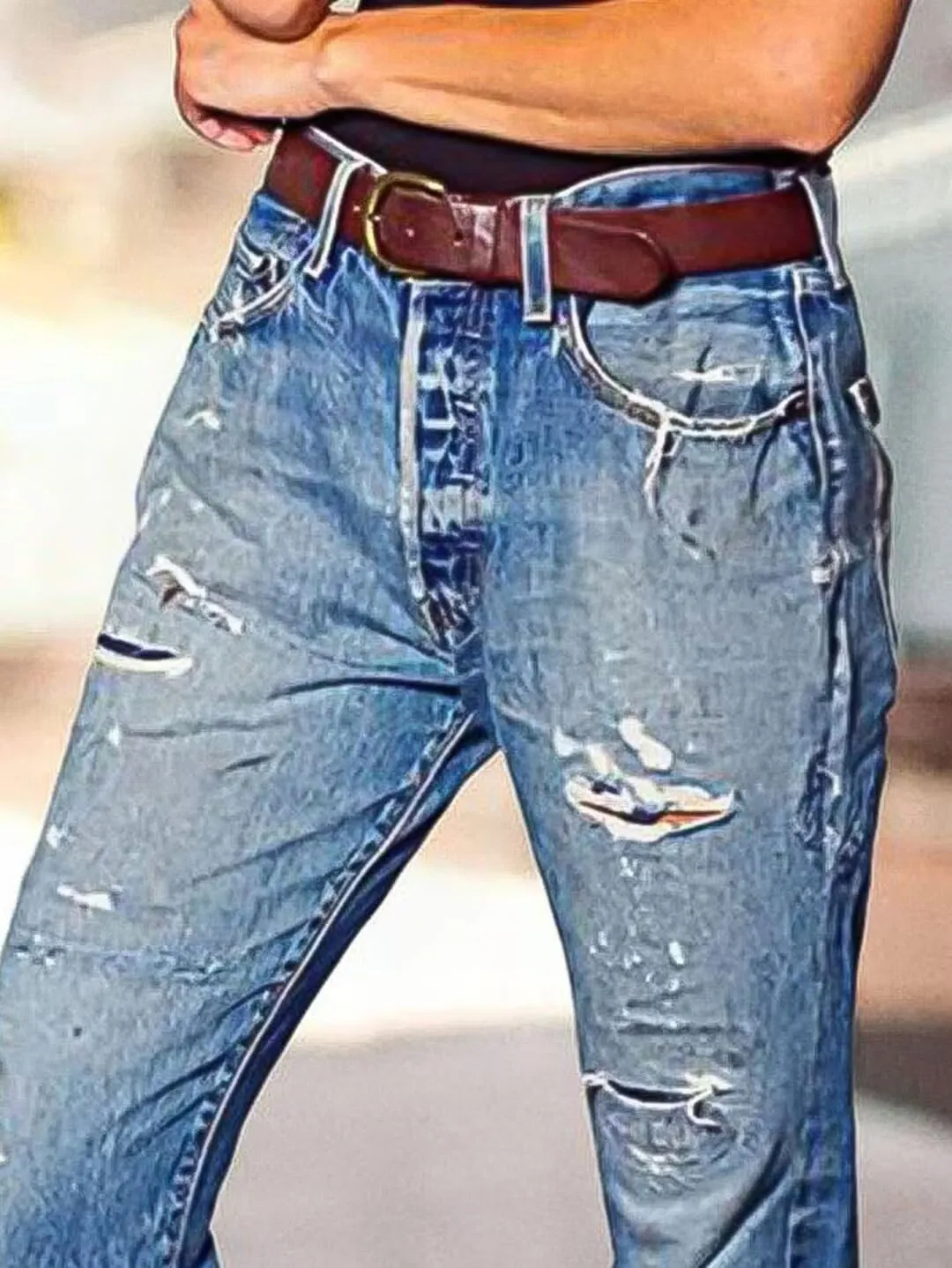 Flamingals Straight Leg Mid Rise Causal Ripped Demin Jeans Without Belt