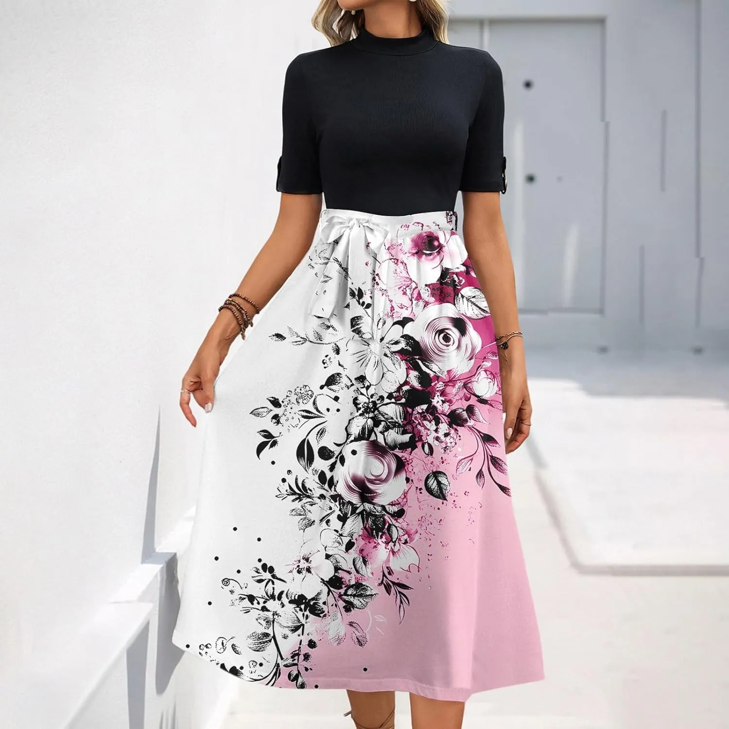 Floral Dresses Flowy Short Sleeve Empire Waist Summer Crewneck Midi Length Fashion Belted Sundresses for Women