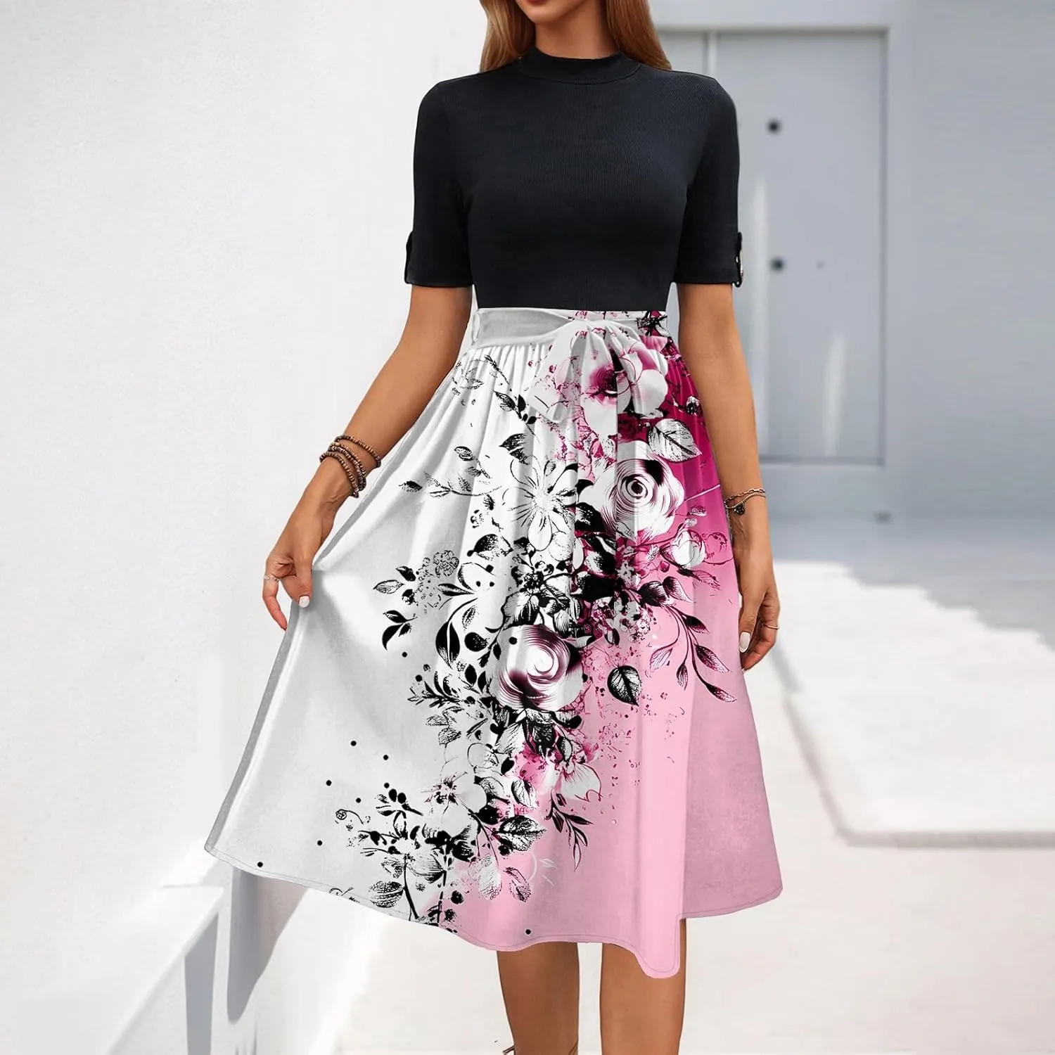 Floral Dresses Flowy Short Sleeve Empire Waist Summer Crewneck Midi Length Fashion Belted Sundresses for Women