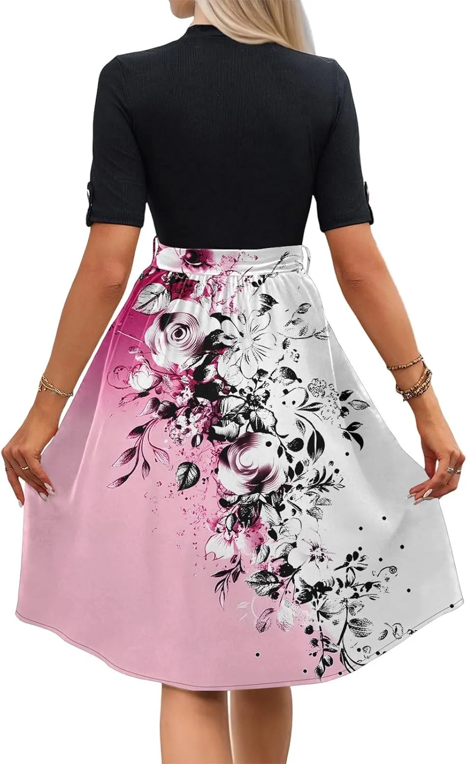 Floral Dresses Flowy Short Sleeve Empire Waist Summer Crewneck Midi Length Fashion Belted Sundresses for Women