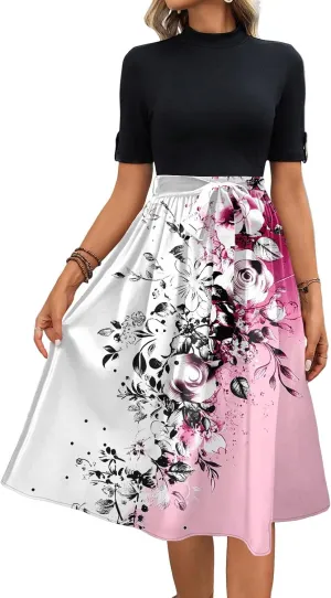 Floral Dresses Flowy Short Sleeve Empire Waist Summer Crewneck Midi Length Fashion Belted Sundresses for Women