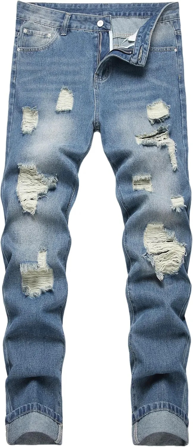 FREDD MARSHALL Ripped Jeans Men,Jeans for Mens,Slim Fit Distressed Straight Leg Fashion Washed Pants