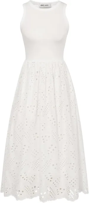 GRACE KARIN Women's Summer Sleeveless Tank Dress A Line Midi Dress Eyelet Crewneck Casual Holiday Dress with Pockets