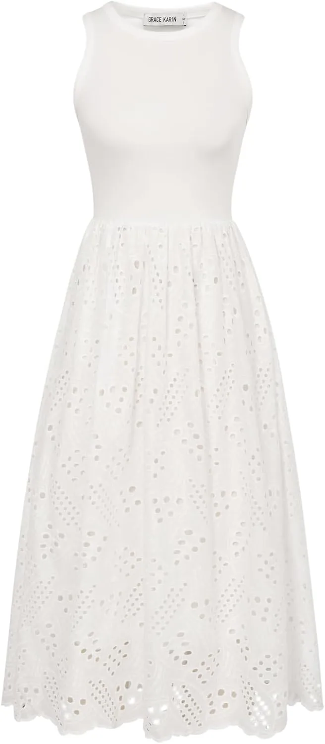 GRACE KARIN Women's Summer Sleeveless Tank Dress A Line Midi Dress Eyelet Crewneck Casual Holiday Dress with Pockets