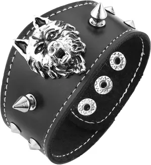 HZMAN Genuine Leather Bracelets for Men Viking Wolf Leather Cuff Bracelet Spike Rivet Leather Wristband Bracelet Jewelry Gift